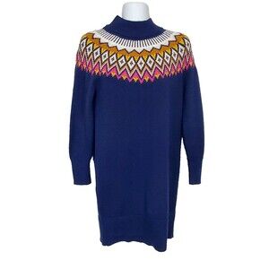 Old Navy Dress Womens XS Petite Mock Neck Fair Isle Sweater Blue Long Sleeve